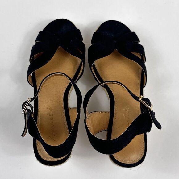American Eagle Wedge Sandals Womens 7 Black Faux Suede Espadrille Ankle Strap - Picture 7 of 12